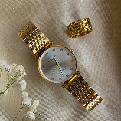 ساعت صفحه گرد استیل طلایی